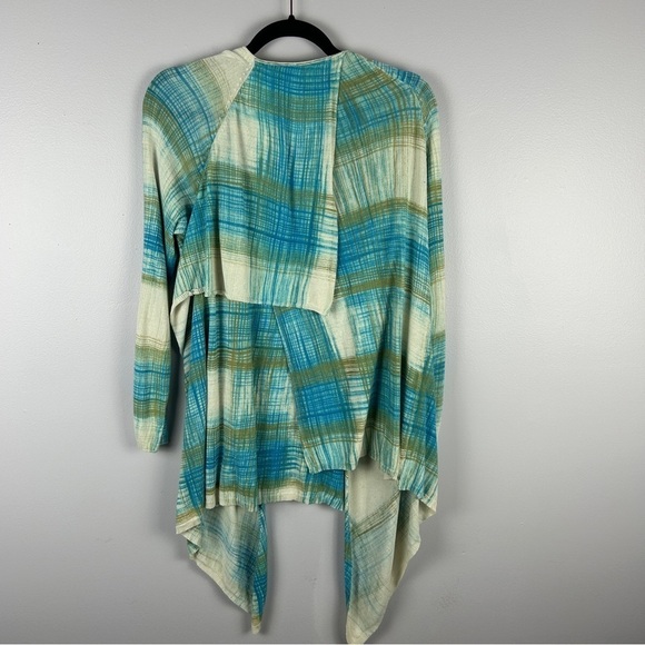 Anthropologie Sparrow Revolution Plaid Asymmetrical Draped Cardigan Medium Blue - Picture 12 of 15